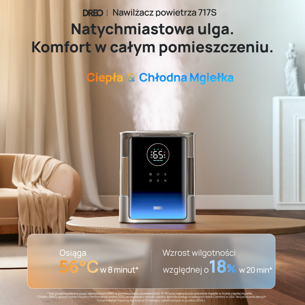 Nawilżacz powietrza DREO HM817S 8 l – ciepła i chłodna mgiełka, Wi-Fi, do 55 m²