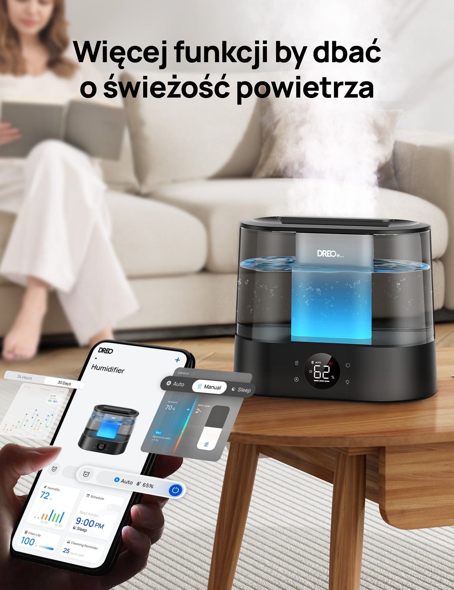 Nawilżacz powietrza Dreo HM420S 4L WiFi cichy 28dB 40h aromaterapia