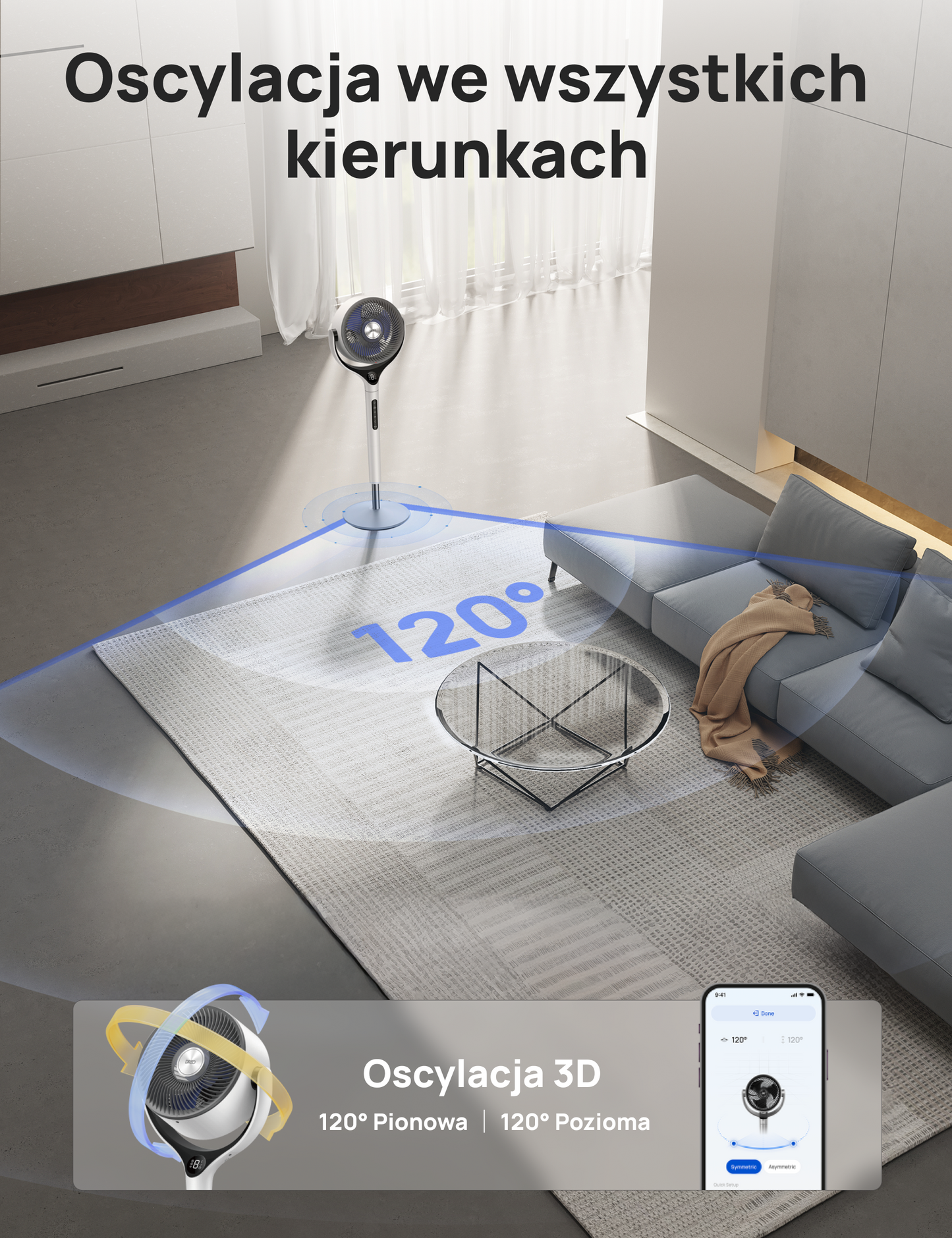Wentylator Dreo TurboPol Fan 565S cichy WiFi mocny nawiew pilot oscylacja