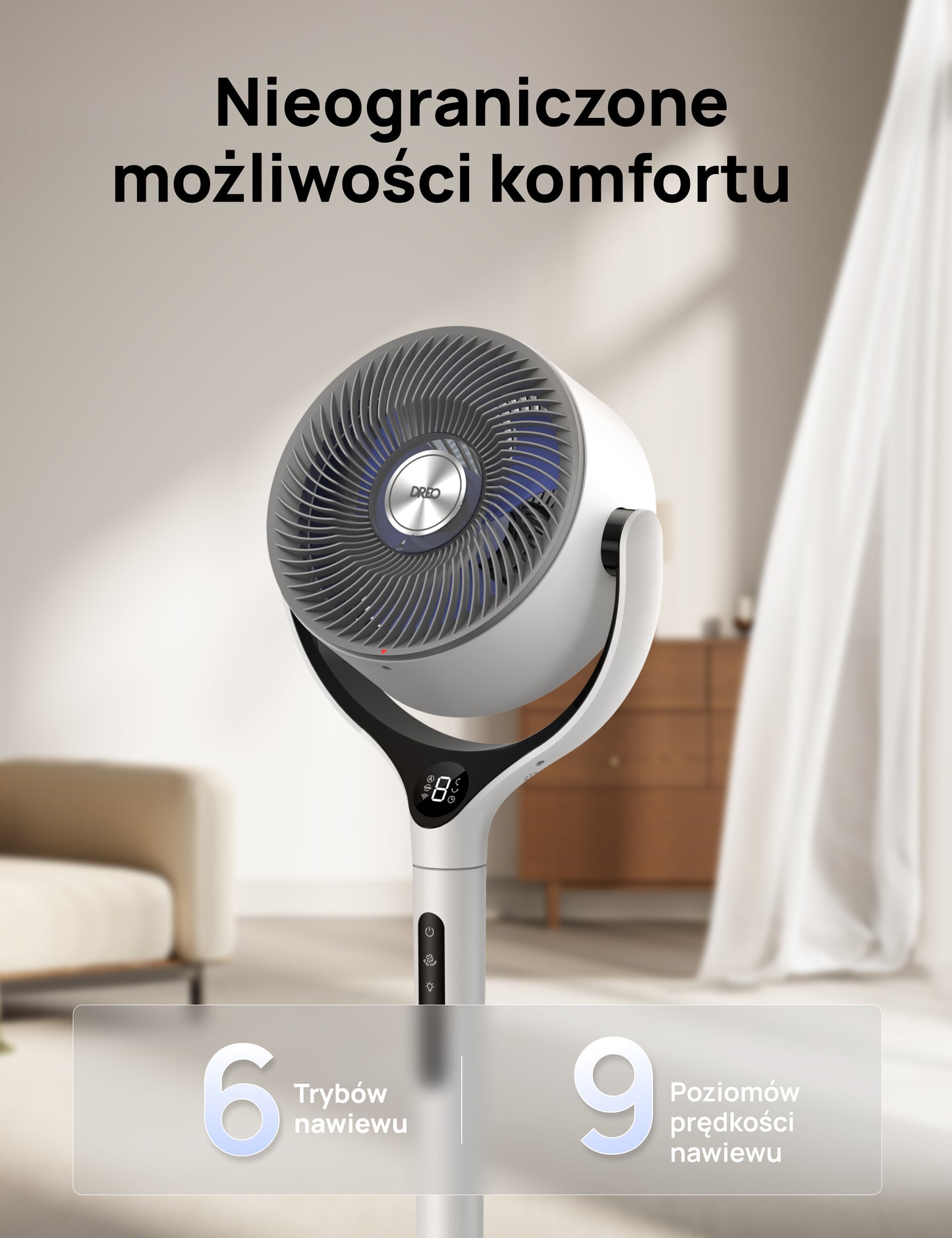 Wentylator Dreo TurboPol Fan 565S cichy WiFi mocny nawiew pilot oscylacja