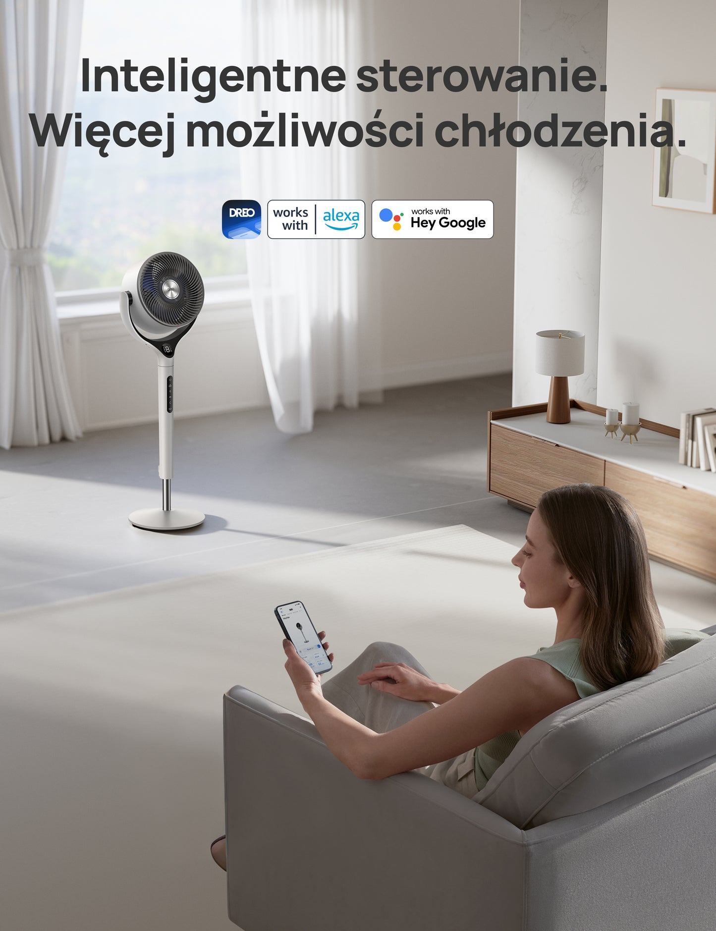 Wentylator Dreo TurboPol Fan 565S cichy WiFi mocny nawiew pilot oscylacja