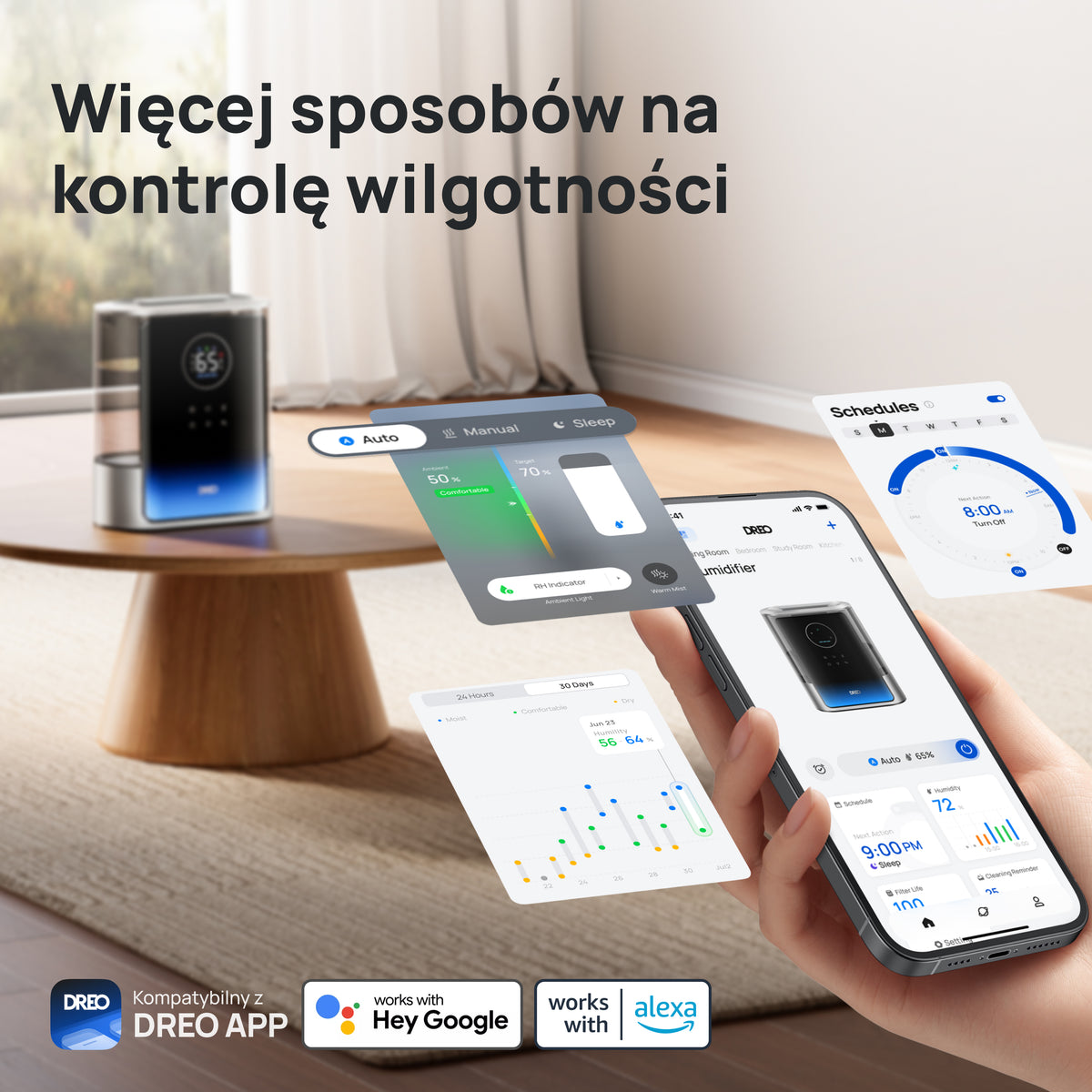 Nawilżacz powietrza DREO HM817S 8 l – ciepła i chłodna mgiełka, Wi-Fi, do 55 m²