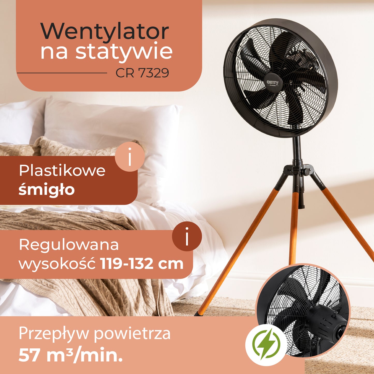 Wentylator stojący Camry CR 7329 Loft 40 cm / 16” – mocny wentylator na statywie 100W