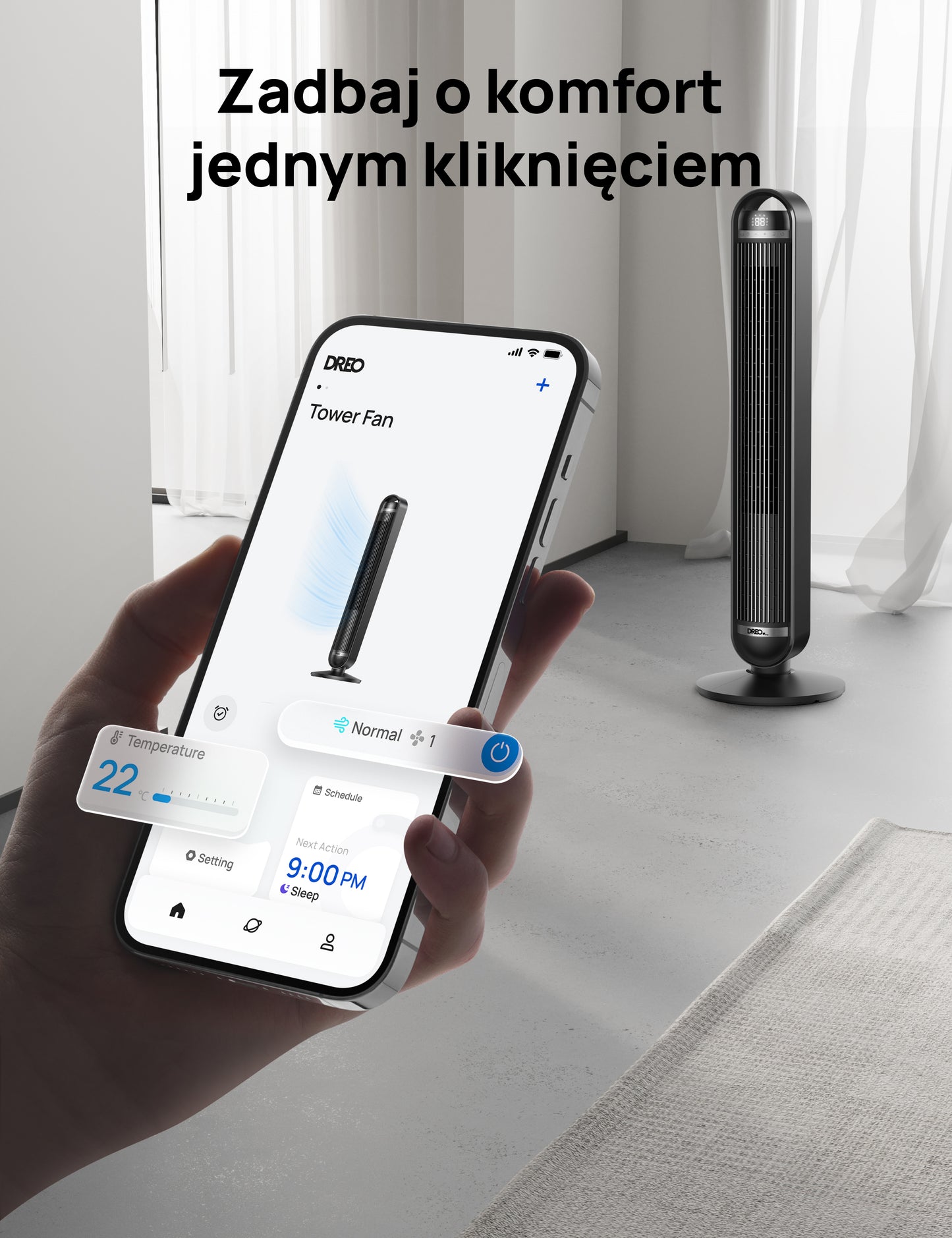 Wentylator kolumnowy Dreo Cruiser TF611S WiFi cichy 25 dB 9 prędkości 90° oscylacja
