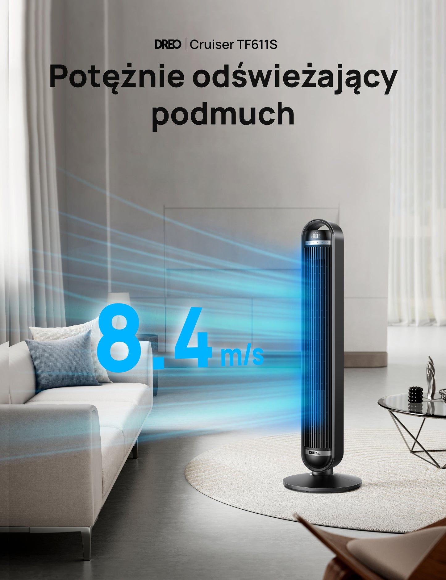 Wentylator kolumnowy Dreo Cruiser TF611S WiFi cichy 25 dB 9 prędkości 90° oscylacja
